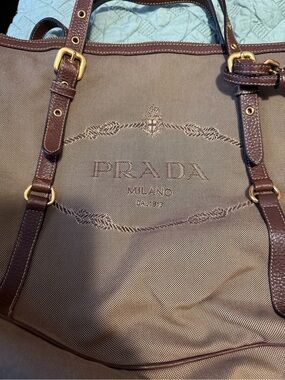 Prada Brown Logo Tote with Leather Trim